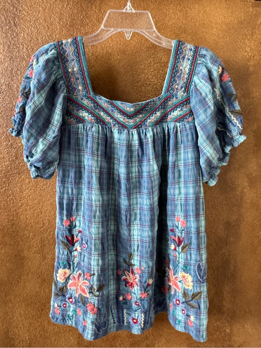 Johnny Was Aimee Blue Plaid Floral Embroidered Short Puff Sleeve Peasant Top S - Picture 6 of 12